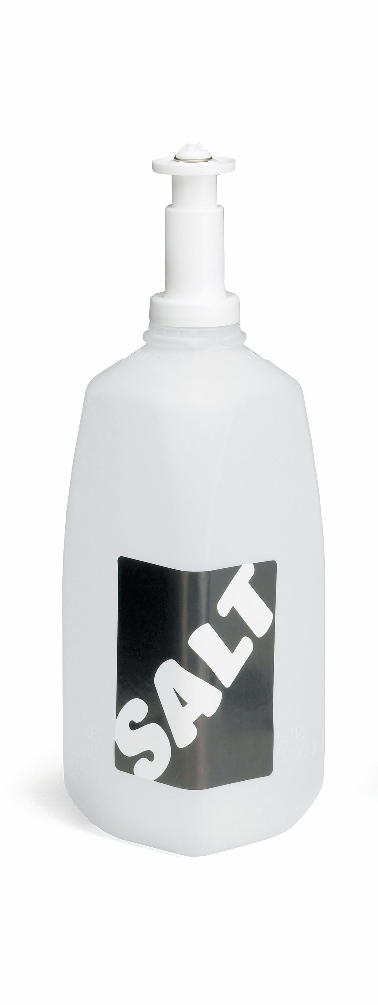 A white pump dispenser bottle labeled “SALT” in bold white letters on a black background. Dishwasher safe and made in the USA, this salt refiller features a plain design with a white pump top, set against a crisp white background.