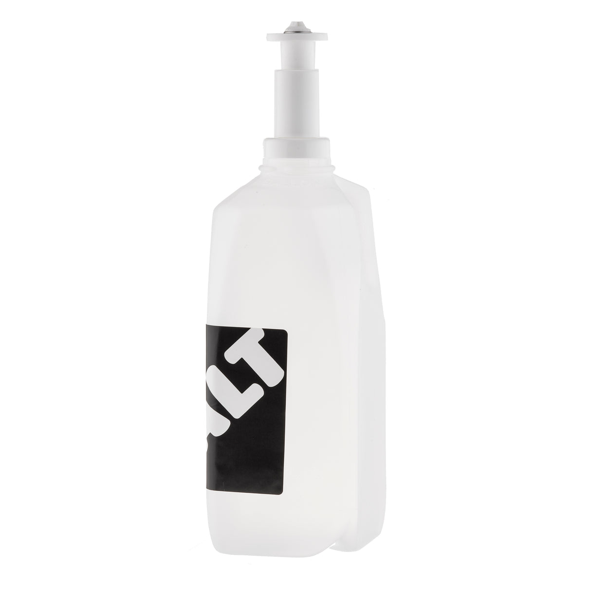 A translucent plastic bottle with a white pump dispenser on top. The black label with bold white letters, partially visible as LT, stands out. Made in USA, the clean design is highlighted against the plain white background.