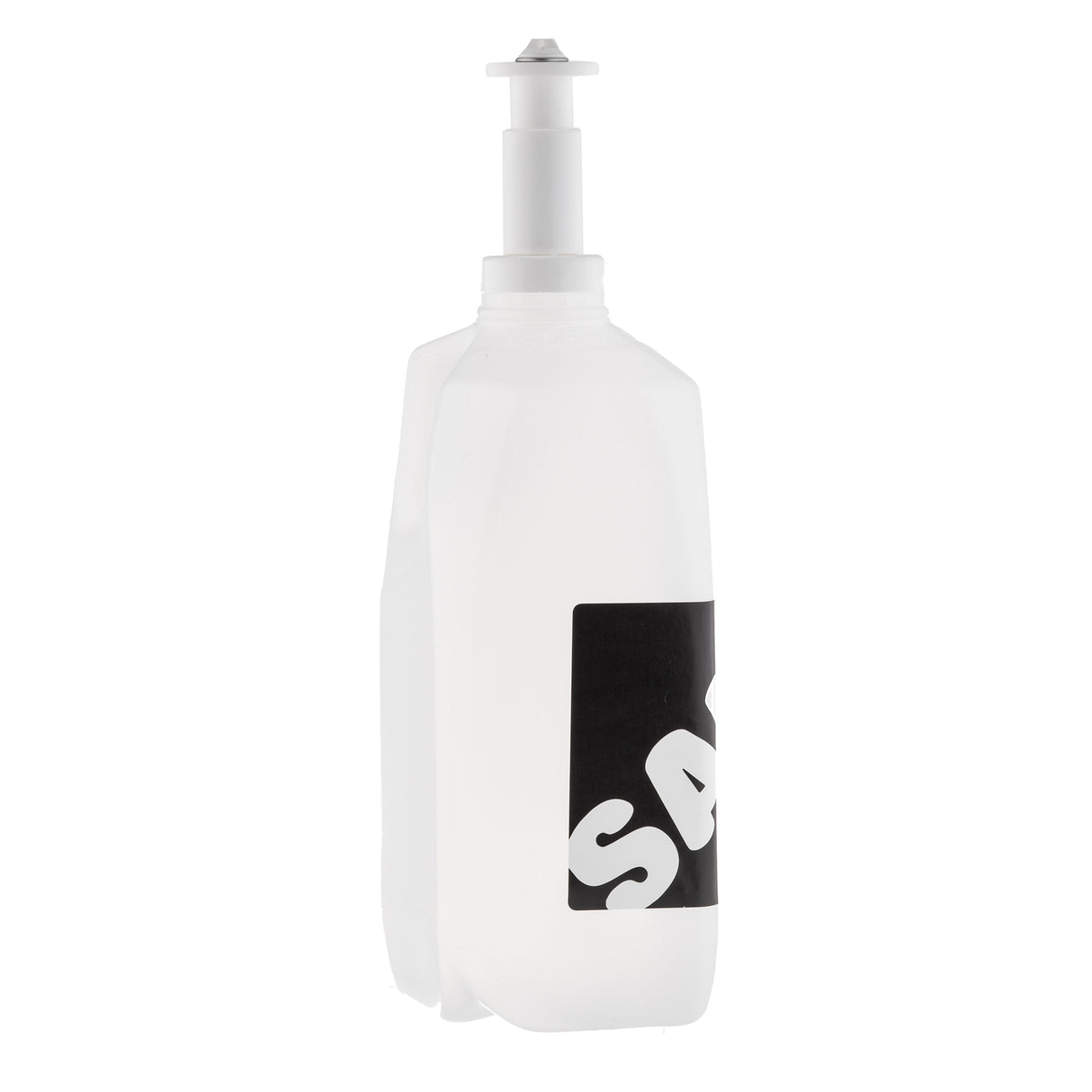 A white plastic sauce dispenser bottle with a pump top, featuring a black label with bold white partial letters "SA." The pump is extended, and the bottle is shown against a plain white background. Dishwasher safe and made in USA.