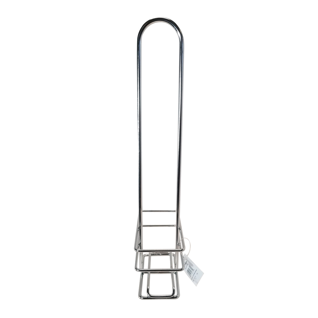 A tall, narrow stainless steel wire rack with a rectangular base and rounded top, designed to hold items vertically. A small white tag is attached near the lower side of the stand. The background is plain white.