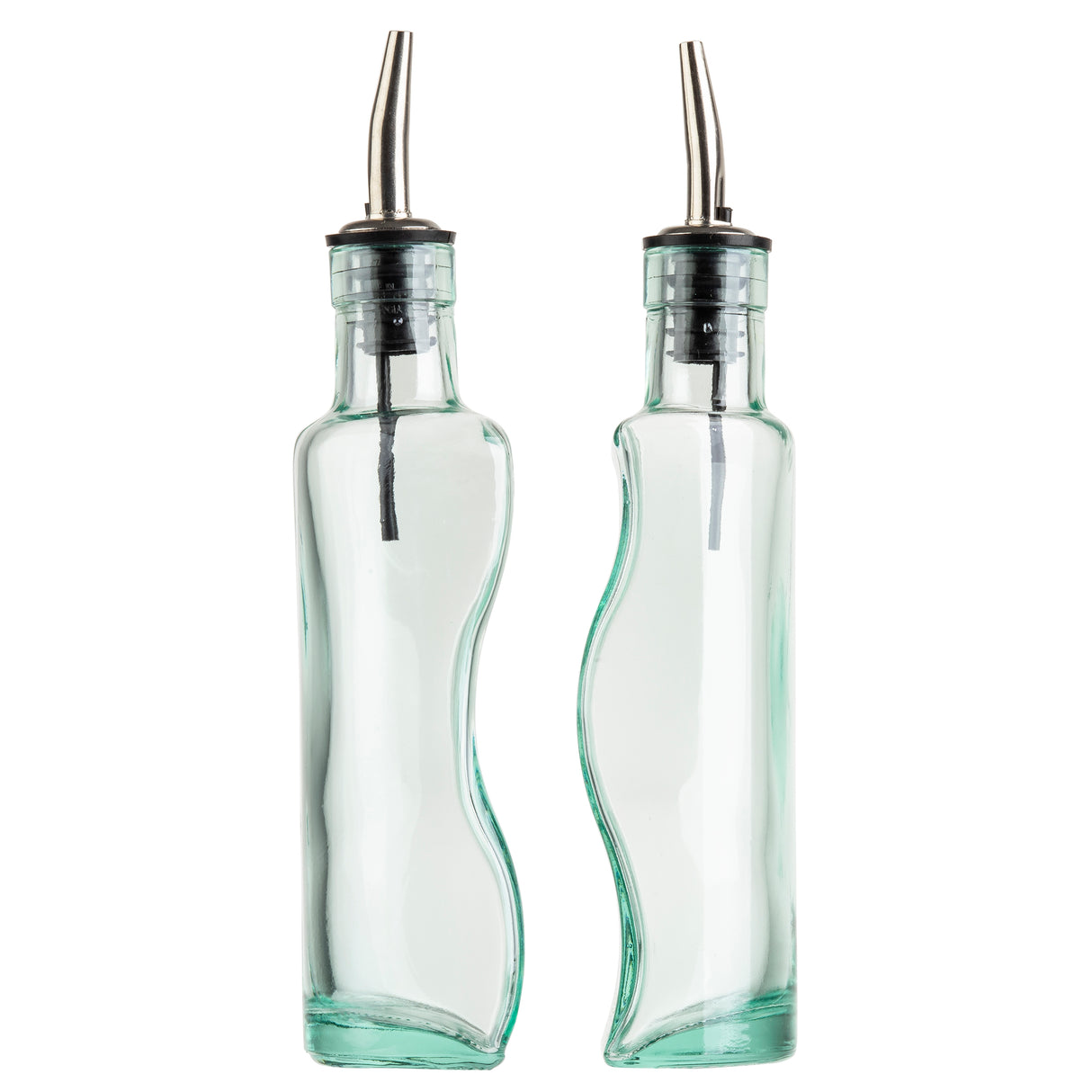 Two clear glass bottles with curvy, wavy sides are shown upright. Each features a stainless steel pourer with a black rubber stopper. The bottles are empty, positioned side by side against a white background. They are also dishwasher safe.