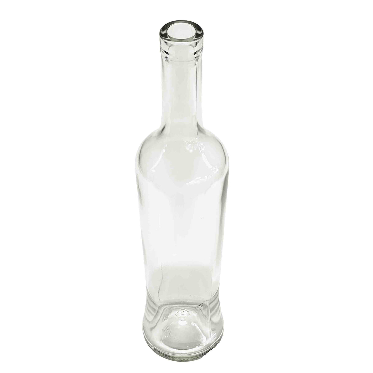 A clear, empty 16 oz oil & vinegar bottle stands upright against a white background. It features a long, narrow neck, rounded shoulders, and a gently curved glass body with a thick base—smooth, transparent, and unadorned.