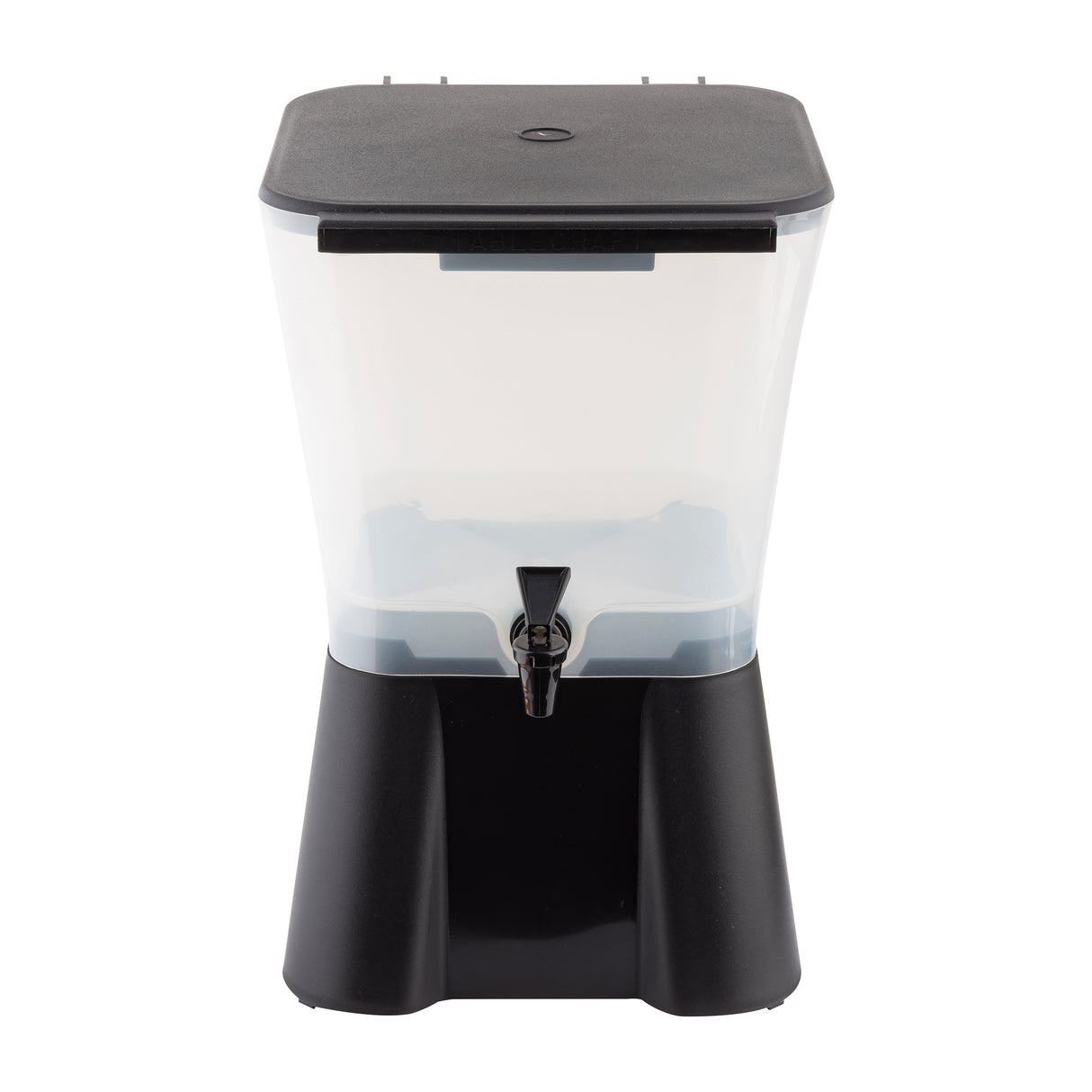 A 3 gallon clear plastic beverage dispenser with a black base, lid, and spigot at the front center. The rectangular container has slightly tapered sides, stands upright on a flat surface, and is dishwasher safe. The background is plain white.