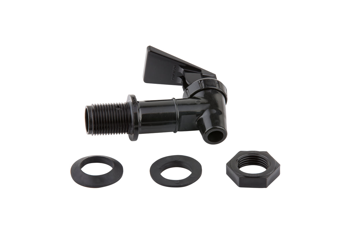 A black plastic Tomlinson Faucet spigot valve with a lever handle is shown lying horizontally. In front are two round washers and a hexagonal nut, all dishwasher safe, displayed against a white background.