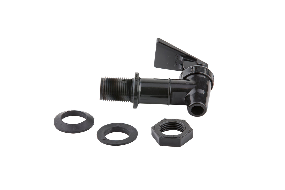 A black Tomlinson Faucet spigot with a lever handle is shown, along with a washer, gasket, and hex nut, against a white background. This dishwasher safe spigot has threaded ends for easy installation on Slimline beverage dispensers.