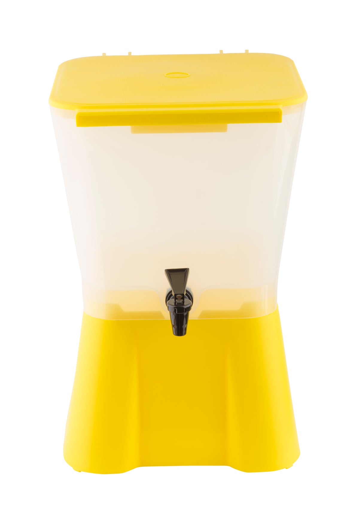 A yellow and translucent 3 gallon beverage dispenser with a rectangular shape, flat yellow lid, and black spigot at the front. The dispenser sits on a matching yellow base and is photographed against a white background. Dishwasher safe for easy cleaning.