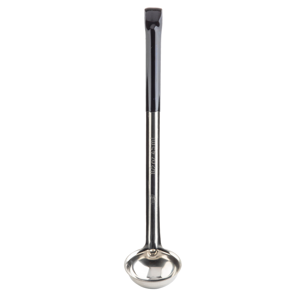 A stainless steel ladle with a round, deep bowl and a long, black vinyl handle. The handle curves slightly at the end, and “Libertyware” is engraved on it. The ladle stands upright against a white background.