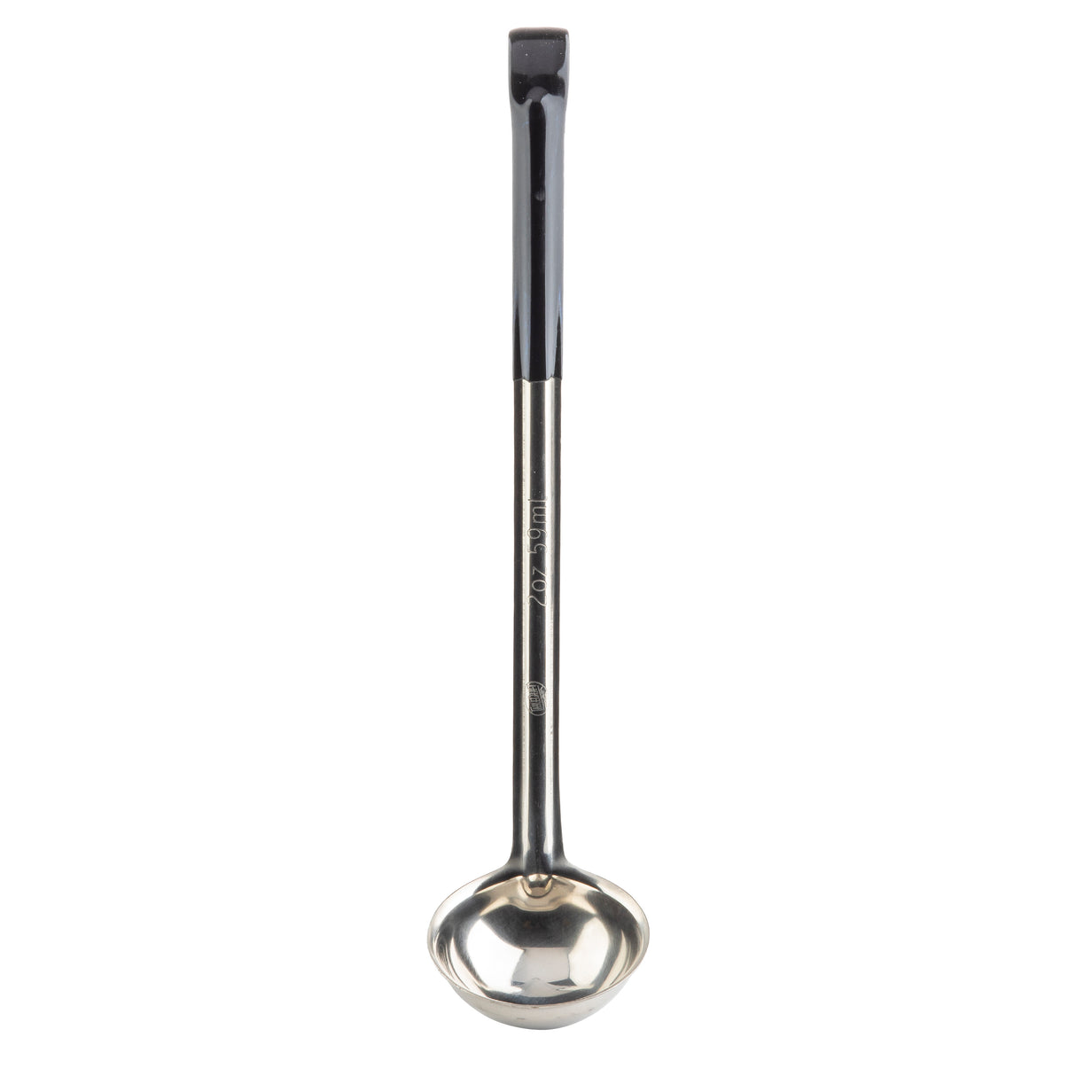 A stainless steel ladle with a round, deep bowl and a long black vinyl handle is shown against a white background. The handle features a small hook at the top for hanging, and the ladle is oriented vertically, bowl facing downward.