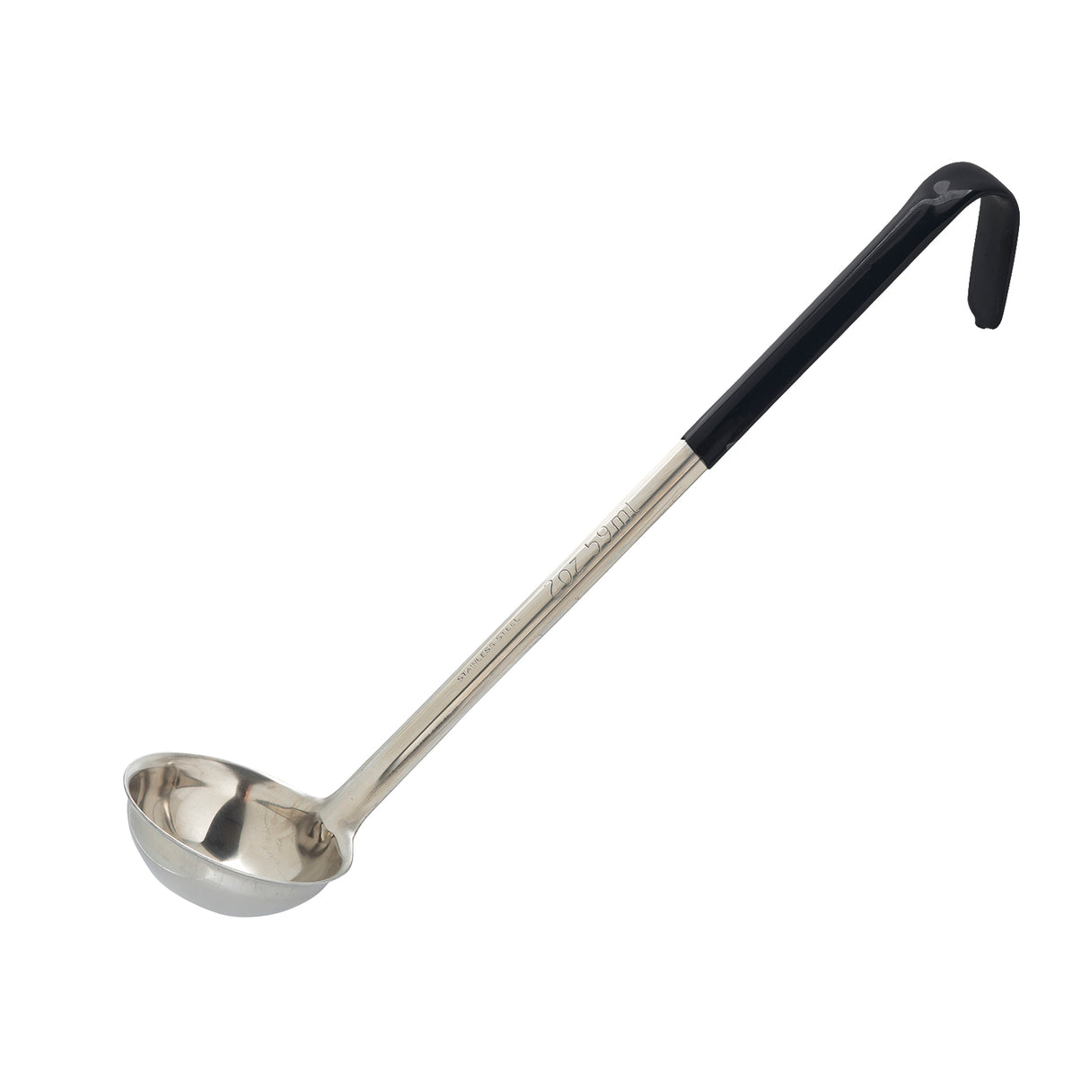 A stainless steel ladle with a deep, round bowl and a long, black vinyl handle. The handle features a hooked end for hanging. The ladle is displayed on a white background.