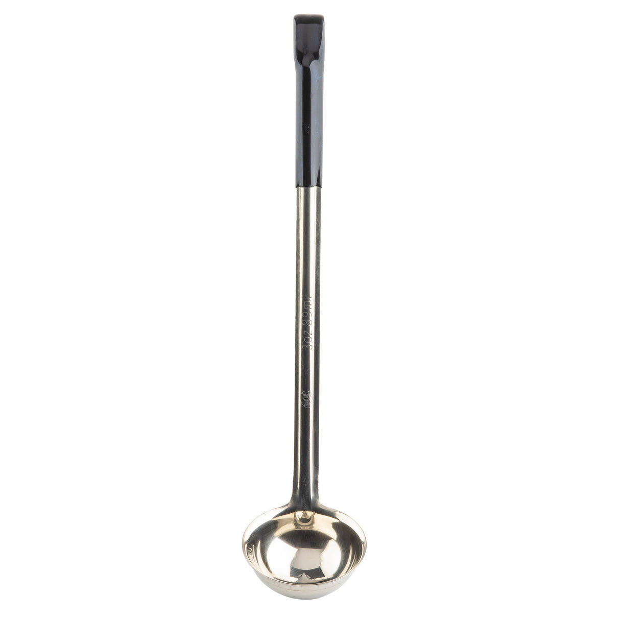 A stainless steel ladle with a deep, round bowl and a long, straight handle featuring a black vinyl handle for grip. The shiny ladle is displayed against a white background.