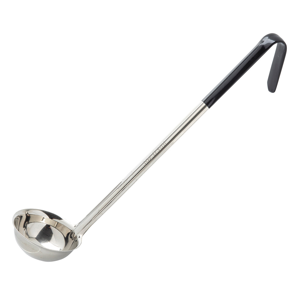 A stainless steel ladle with a deep, round bowl and a long black vinyl handle. The handle features an L-shaped end, perfect for hooking over the edge of a pot. The ladle is clean and set against a white background.