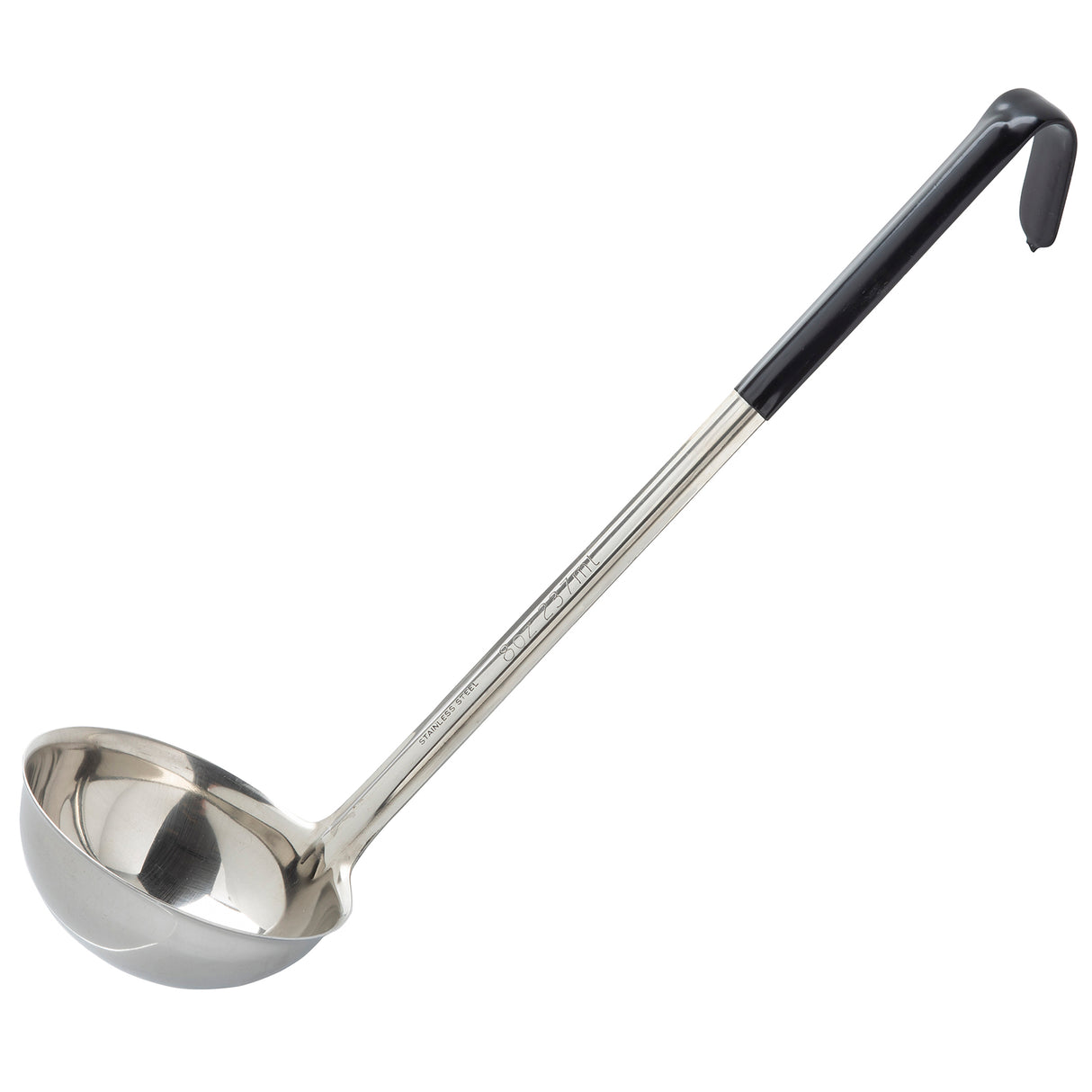 A stainless steel ladle with a deep, round bowl and a long black vinyl handle featuring a hooked end for hanging. Ideal for serving soups, stews, or liquids, the ladle is displayed on a plain white background.