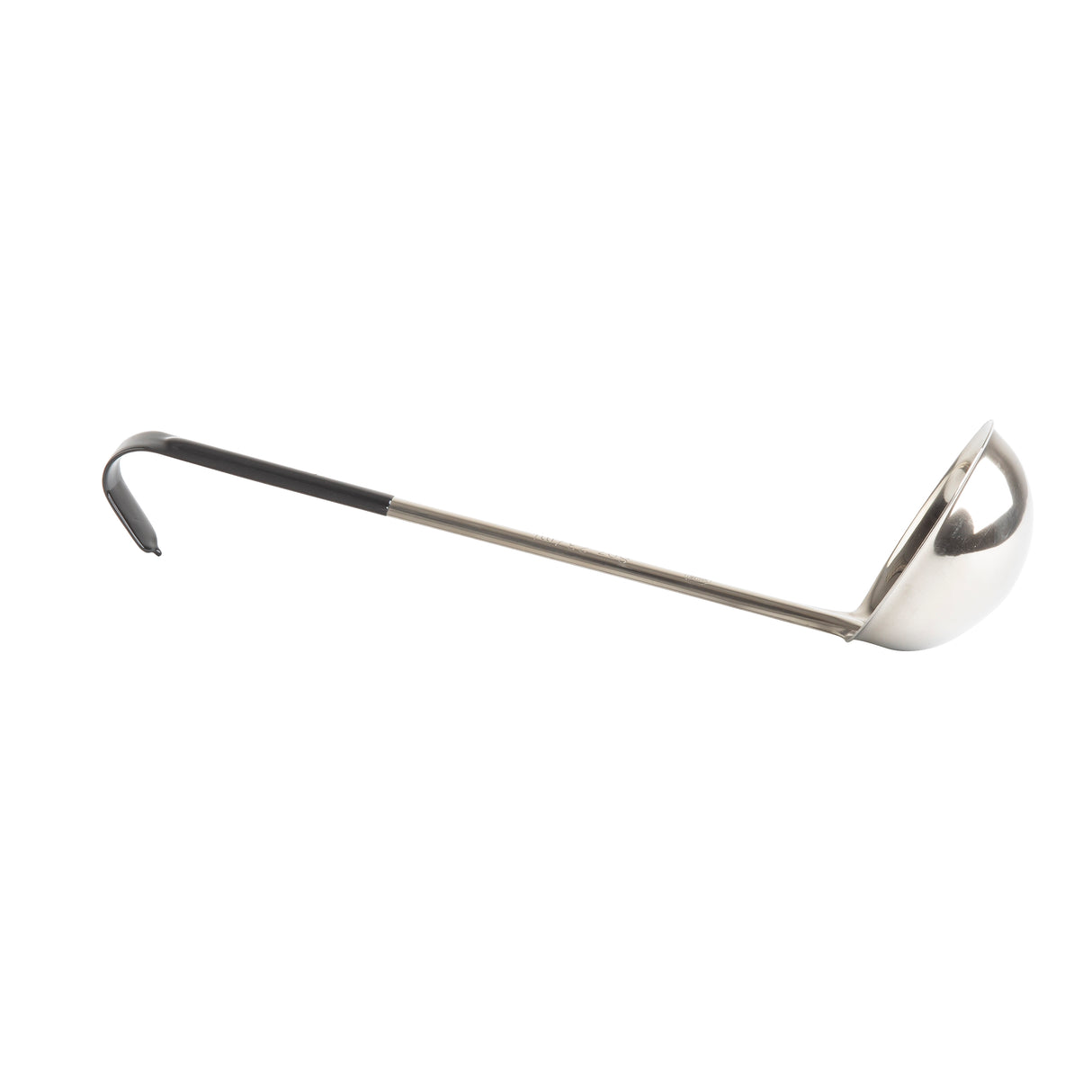 A stainless steel ladle with a long black vinyl handle, a rounded deep bowl at one end for serving liquids, and a black grip near the curved hook for hanging. The ladle is shown on a plain white background.