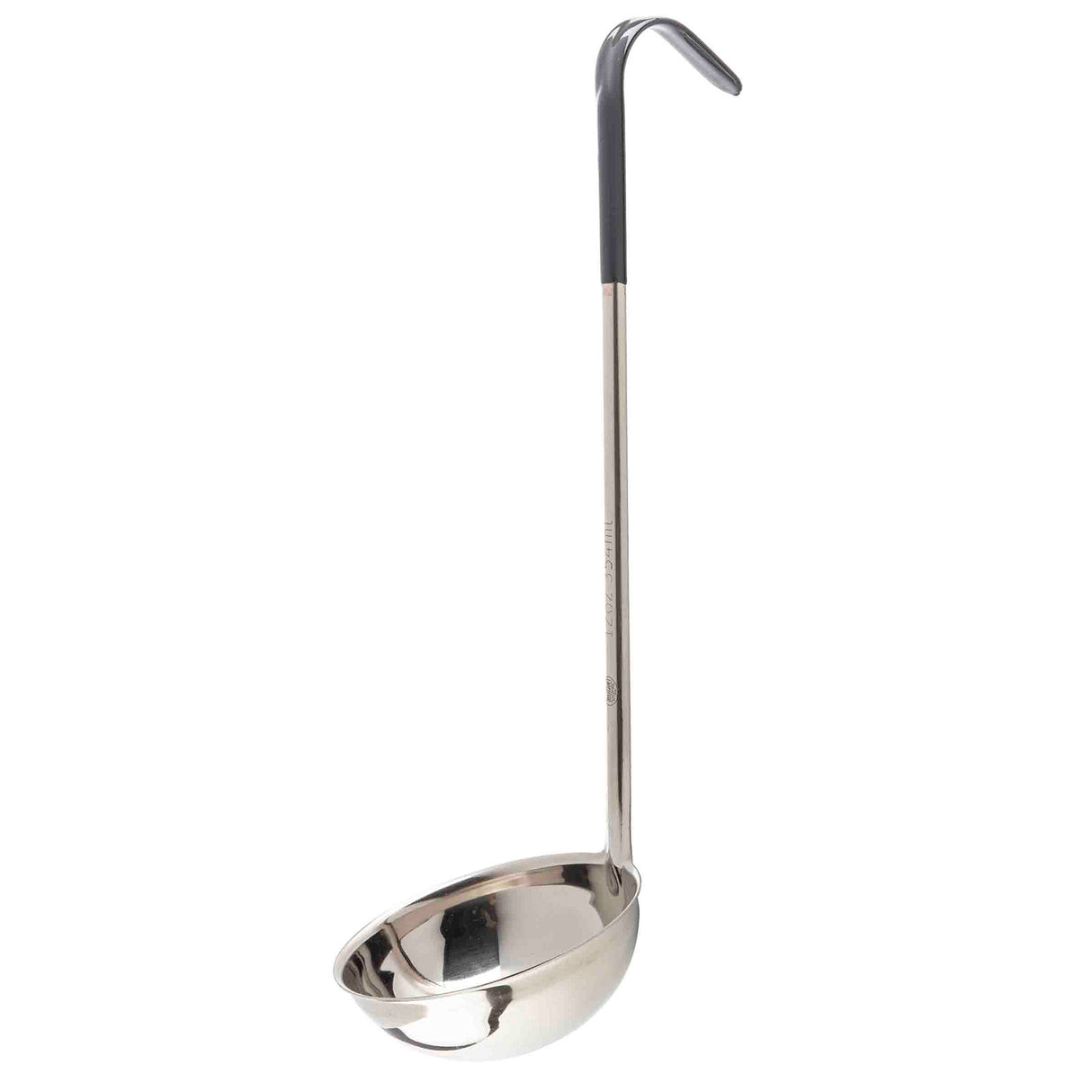 A stainless steel ladle with a deep, round bowl and a long, straight black vinyl handle. The handle is bent near the top to hang easily on a pot or hook. The ladle is displayed against a white background.