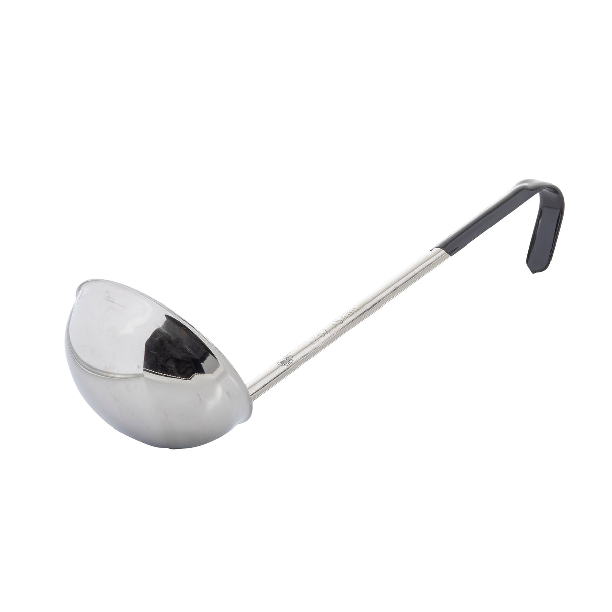A stainless steel ladle with a deep, round bowl and a long black vinyl handle featuring an angled end for hanging. The ladle is positioned on a white background.