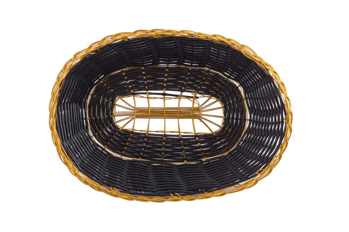 Oval-shaped hand-woven basket viewed from above, featuring a black with gold trim base and sides. The decorative rim and vertical accents highlight the intricate weaving pattern, with open spaces in the middle section, set against a white background.