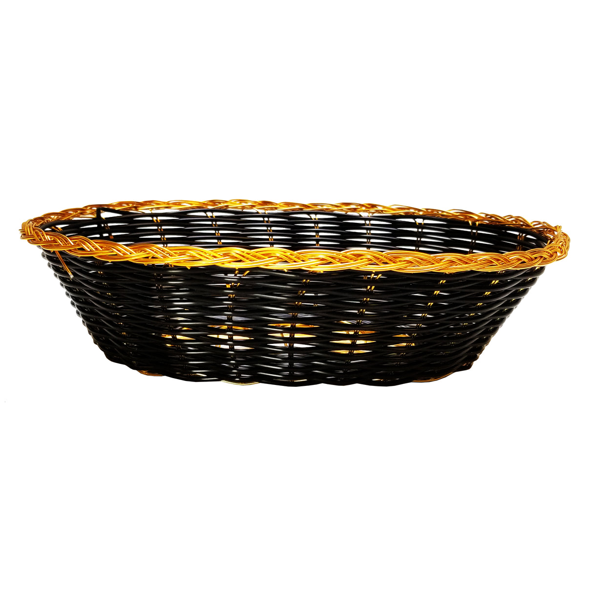 Hand-woven oval basket, black with gold trim, features an intricate weaving pattern and open top. Lightweight and stylish, it's perfect for holding bread, fruit, or small household items. Shown on a white background.