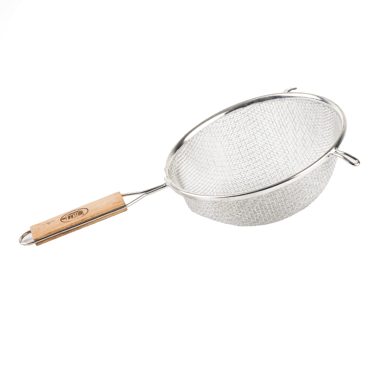 A metal mesh strainer with a fine wire bowl and double medium mesh features a round rim and a long wooden handle. The handle is attached to one side, while a small metal hook on the opposite side helps rest it on a bowl or pot.
