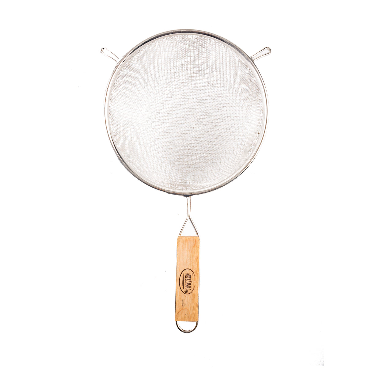 A metal strainer with a double medium mesh and a round stainless steel frame. It features a wooden handle with a metal loop for hanging, plus two small support hooks on the rim. The background is white.