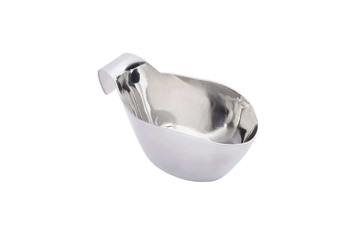 A modern, silver-colored stainless steel metal scoop with a wide, rounded body and a short, flat handle bent upwards. Its smooth, reflective surface is dishwasher safe. The background is plain white.