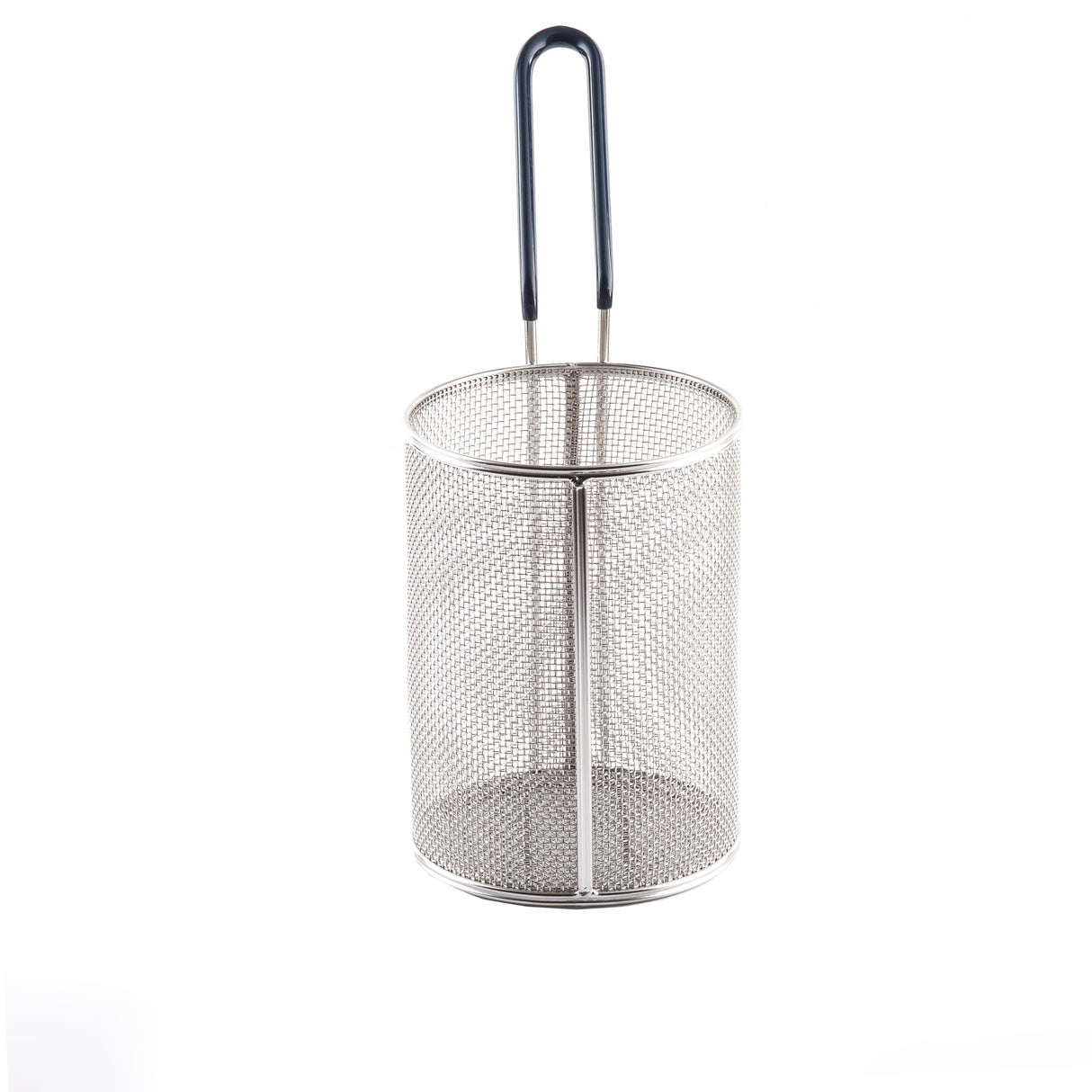 A cylindrical stainless steel wire mesh pasta basket with a metal frame and a long black handle, isolated on a white background. The basket is dishwasher safe, designed for draining or deep frying foods with fine mesh sides and a solid circular base.