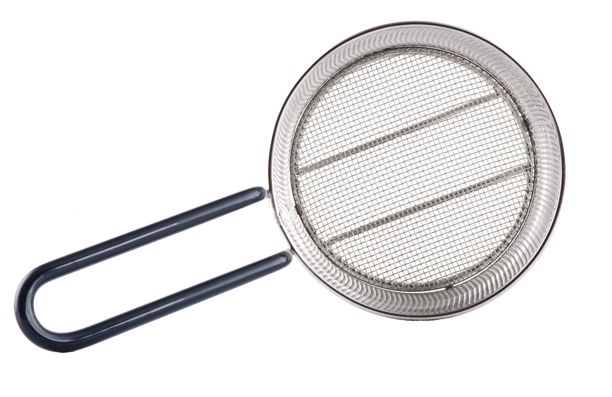 A stainless steel mesh strainer with a fine wire screen and a black, double-looped handle, shown against a white background. The circular strainer features two parallel support bars across the mesh for added stability. Dishwasher safe for easy cleaning.