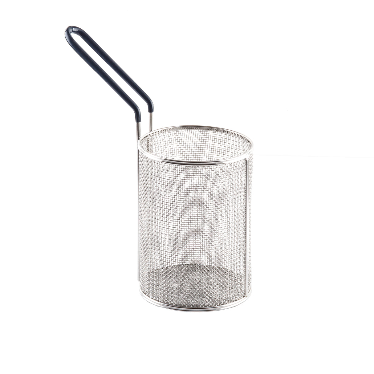 A cylindrical stainless steel mesh basket with a fine grid and a long, black, heat-resistant handle, set against a white background. This empty pasta basket is designed for frying or draining foods and is conveniently dishwasher safe.