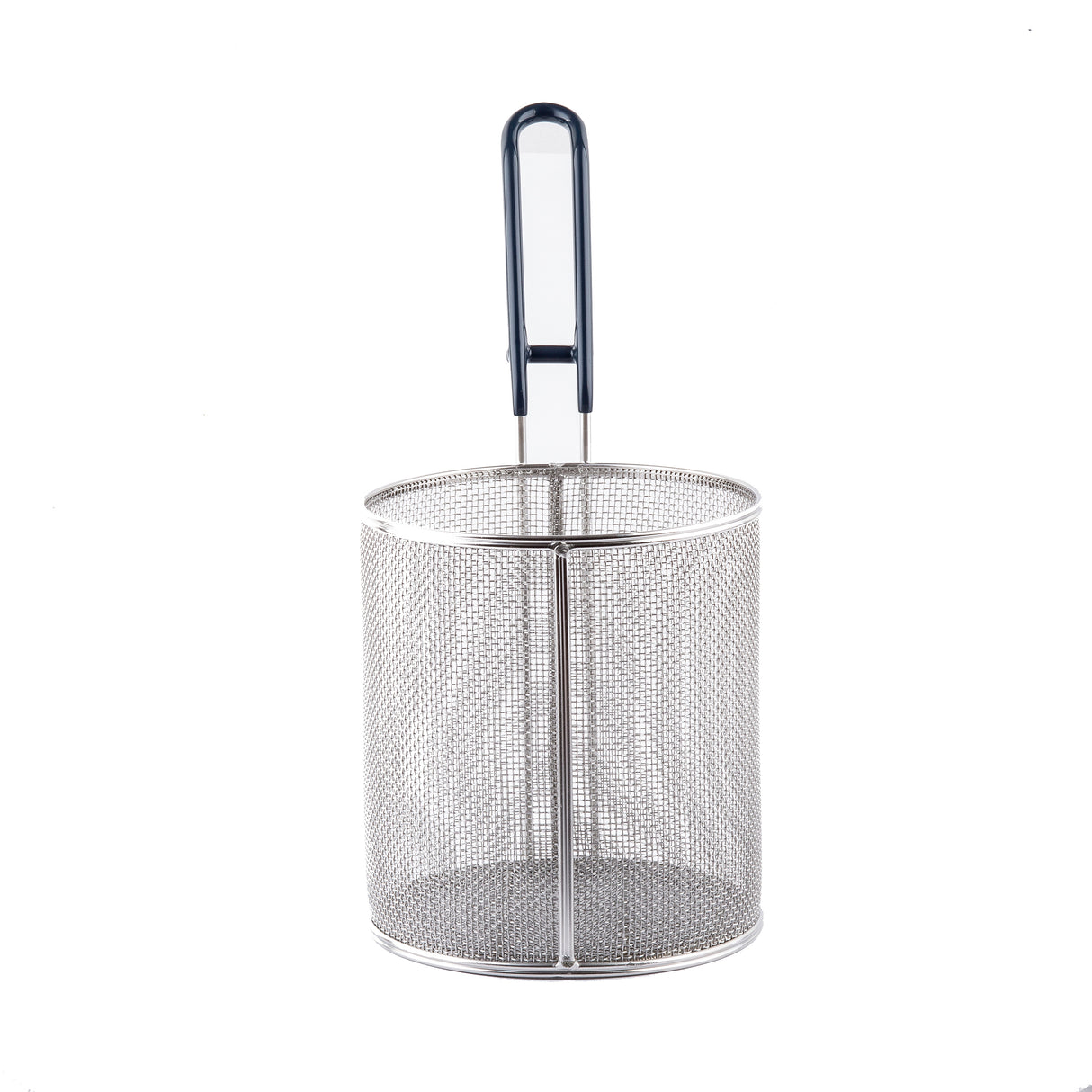 A cylindrical stainless steel mesh pasta basket with a long, black plastic handle. Standing upright on a white background, it's commonly used for deep frying or draining foods and is dishwasher safe for easy cleaning.