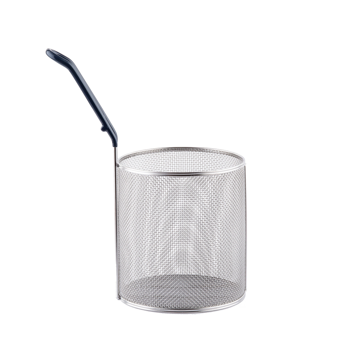 A round, stainless steel mesh basket with a flat base and a black plastic handle angled upward on one side, isolated on a white background. The basket is designed for frying or draining food and is dishwasher safe.