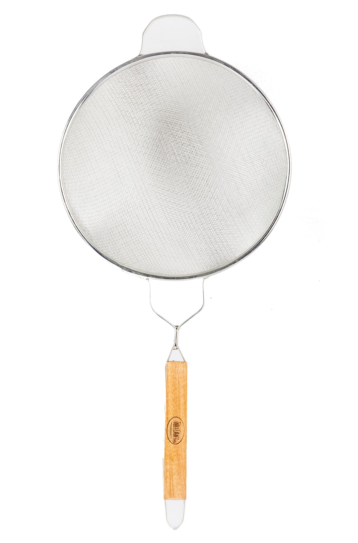 A metal mesh strainer with a fine, oval-shaped double medium mesh screen and a wooden handle. Two metal prongs extend from the handle to support the mesh, and a small metal loop at the end allows for easy hanging. The background is white.