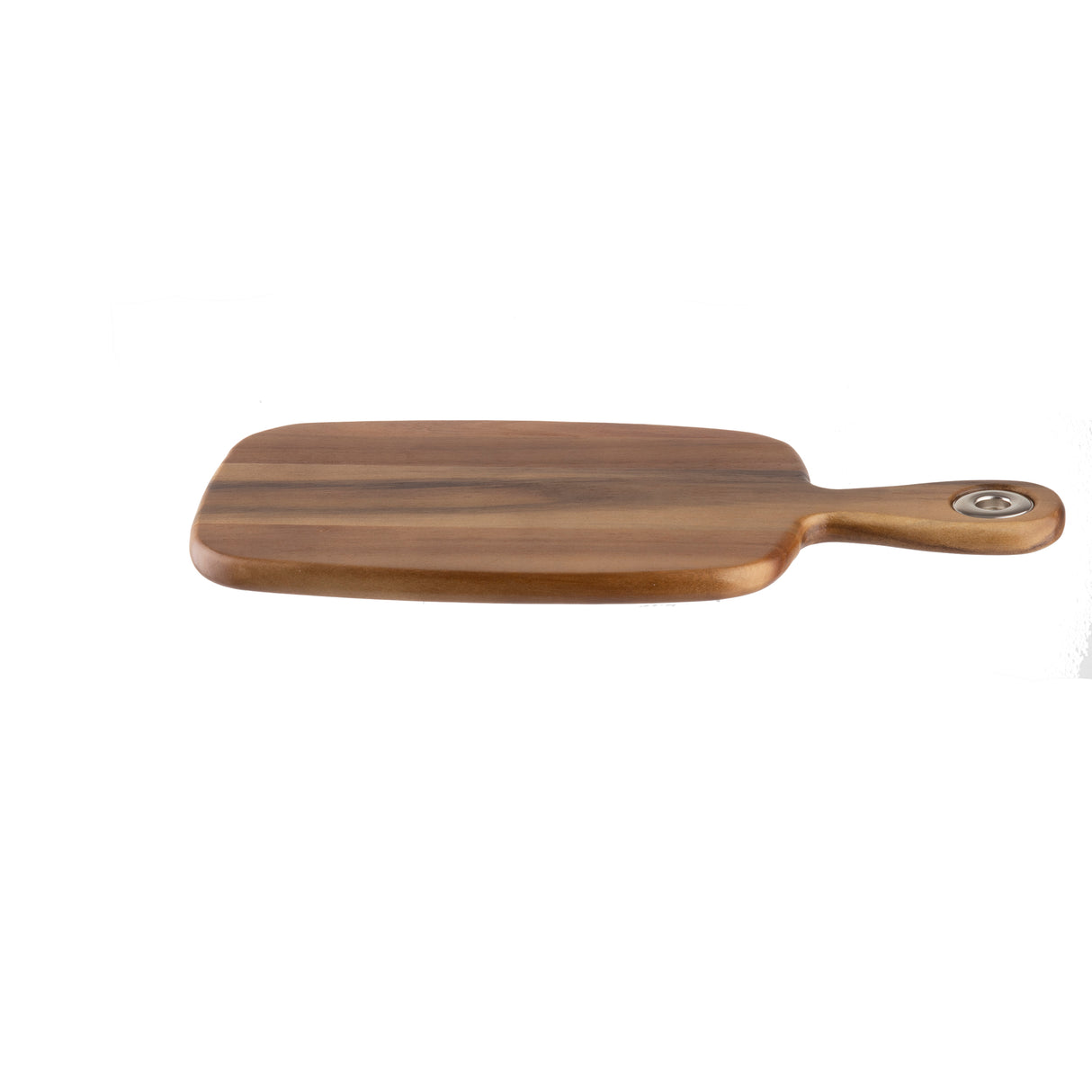 A rectangular wood bread board with rounded edges and a handle on the right side. The handle features a metal ring for hanging. The board has a smooth, polished surface with natural wood grain, displayed on a white background.