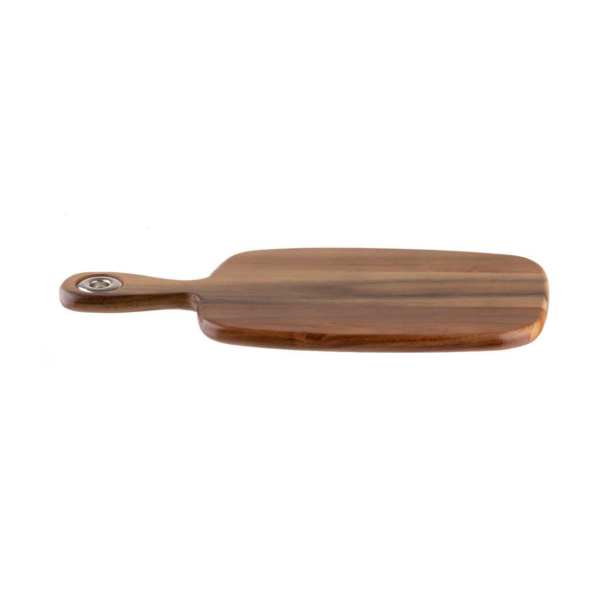 A rectangular acacia bread board with rounded edges and a tapered handle, featuring a metal accent at the end. The smooth, polished surface highlights natural wood grain patterns. Set against a plain white background.