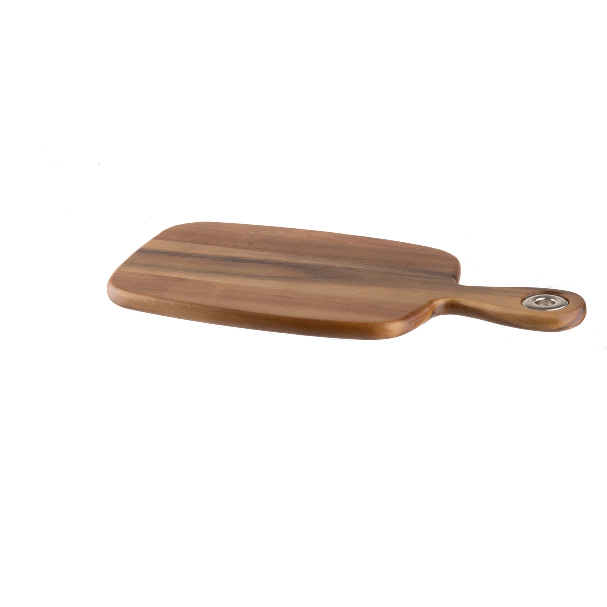 A rectangular acacia bread board with rounded edges and a short handle, featuring a metal hanging hole at the end of the handle, is placed on a plain white background.
