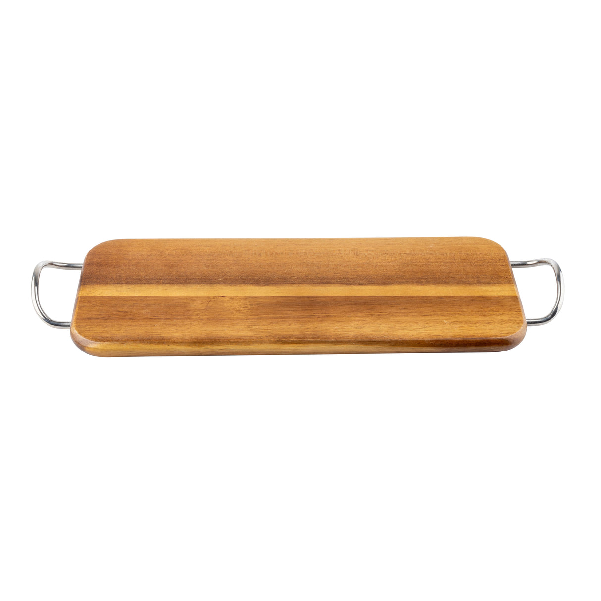 A rectangular serving board with rounded edges and a smooth finish. Crafted from acacia, this wood display board features two metal handles on each short end for easy carrying. Photographed against a white background.