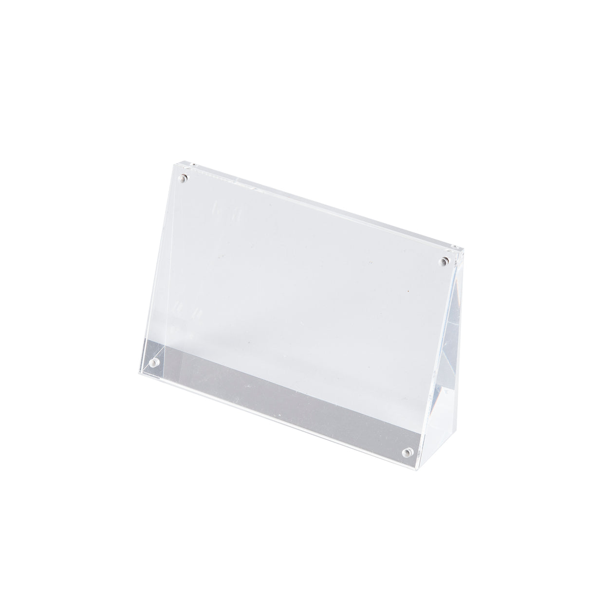 A clear, dishwasher safe acrylic sign holder with a slanted, rectangular shape. It stands upright on a flat base and features four small screws at the corners for easy paper insertion. The background is completely white.