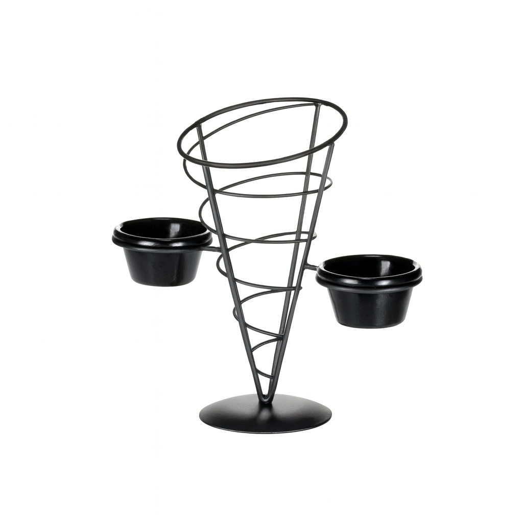 A black metal wire appetizer cone from the Vertigo Collection with a circular base, featuring two small black ramekins attached on either side. The open spiral design is perfect for serving snacks or appetizers with dips.
