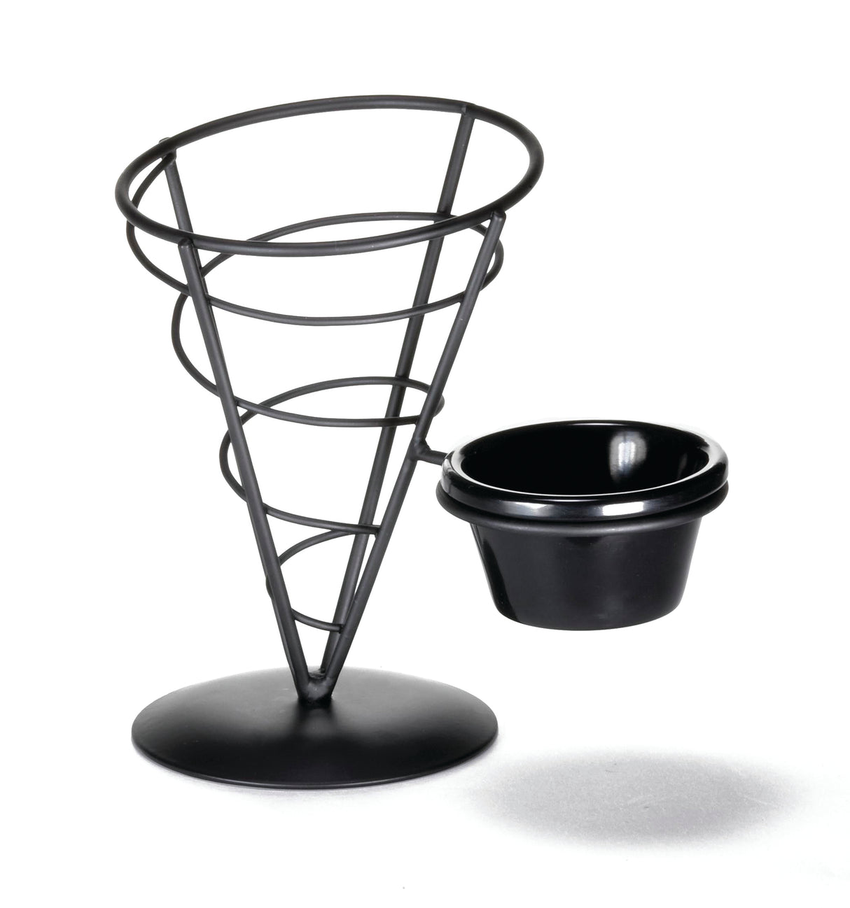 A black metal appetizer cone stand from the Vertigo Collection, with a round base, designed to hold food like fries. Attached to the side is a small, removable black ramekin for dipping sauce. The open structure casts a shadow on a white background.