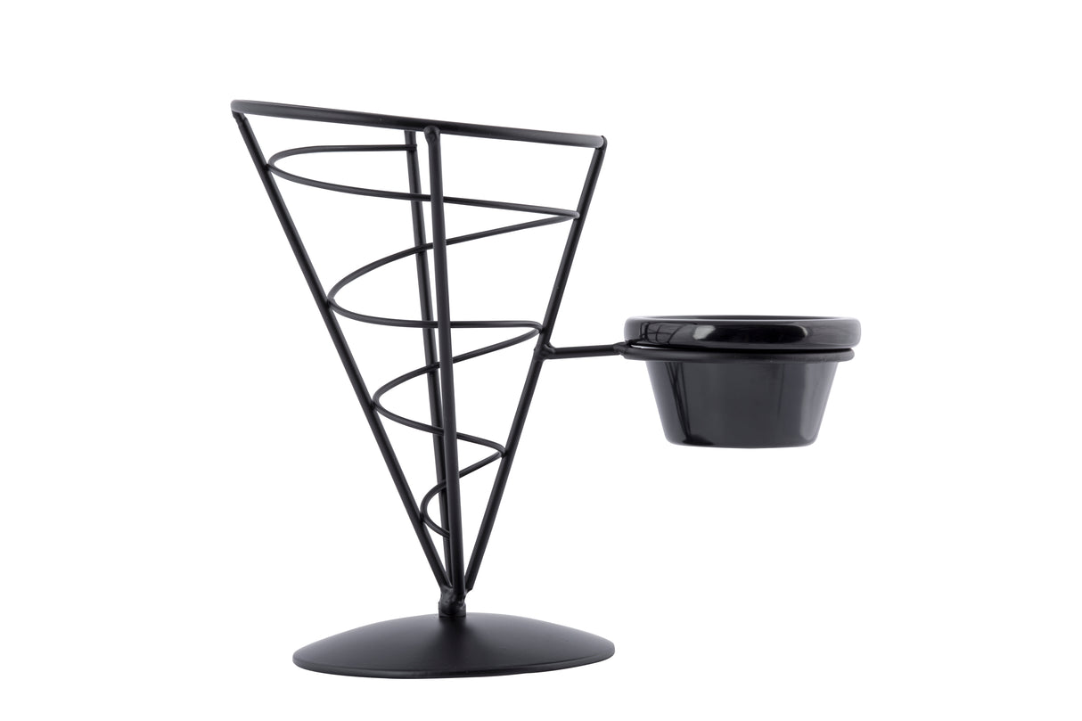 A black metal wire appetizer cone from the Vertigo Collection, featuring a spiral design and a small ramekin attached to the side, all on a circular base; perfect for serving snacks with dip.
