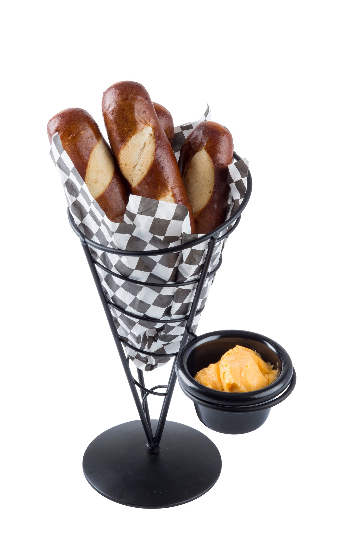 Three pretzel sticks are served in an appetizer cone from the Vertigo Collection, lined with black and white checkered paper and paired with a small ramekin of orange cheese sauce, all presented on a white background.