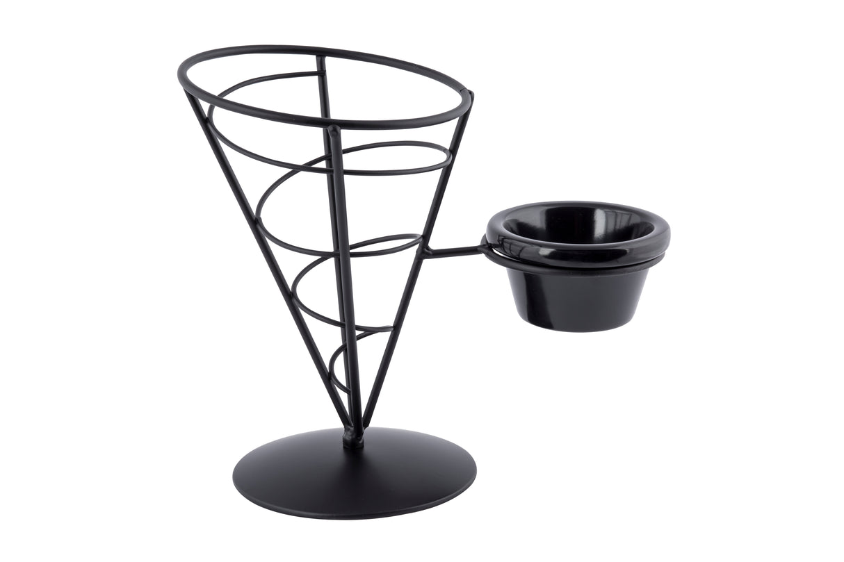 A black metal appetizer cone from the Vertigo Collection features a circular base and a minimalist, modern design. Attached to the side is a small round black ramekin holder, perfect for sauces or dips alongside your fries.