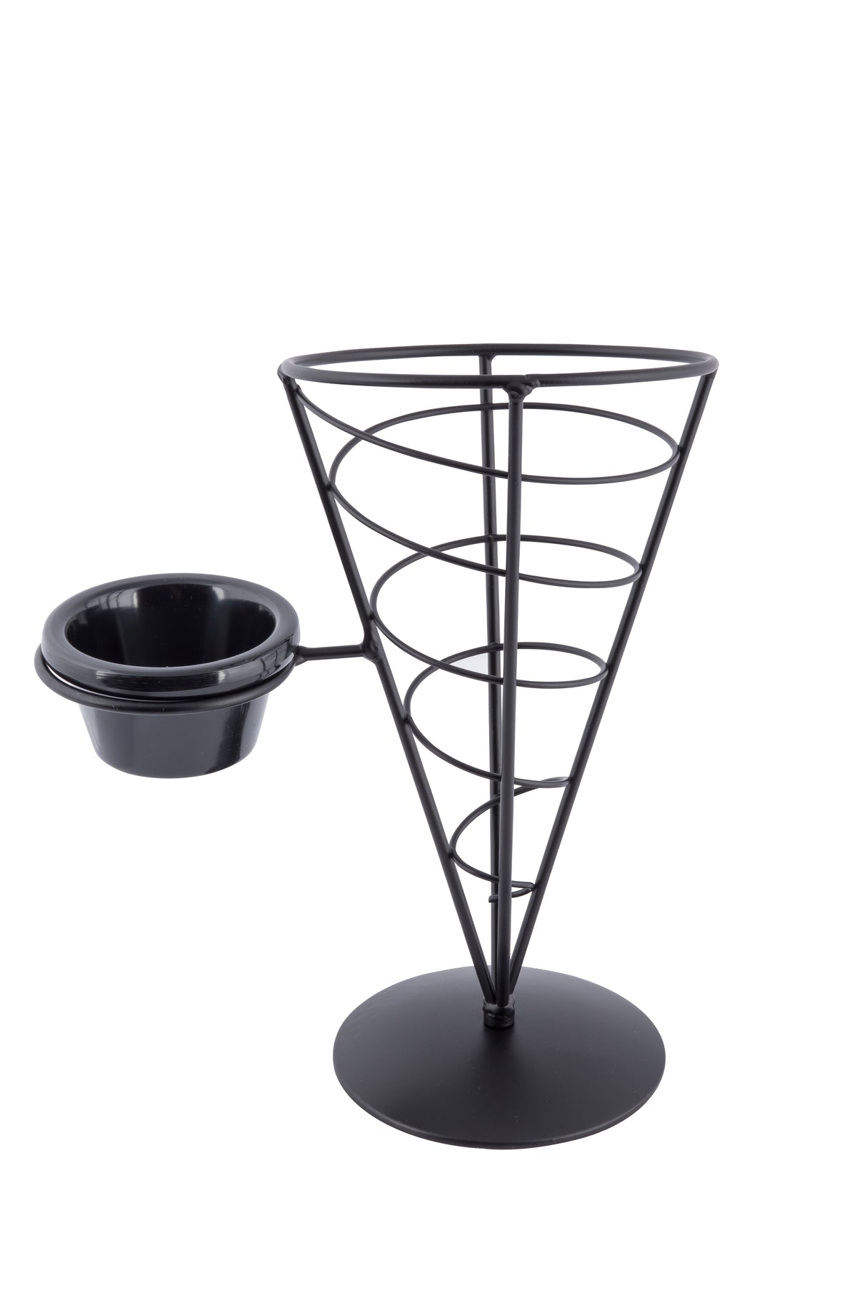 A black powder coated appetizer cone from the Vertigo Collection, featuring a minimalist metal wire design with a round base and an attached sauce cup—perfect for serving fries or appetizers in modern style.