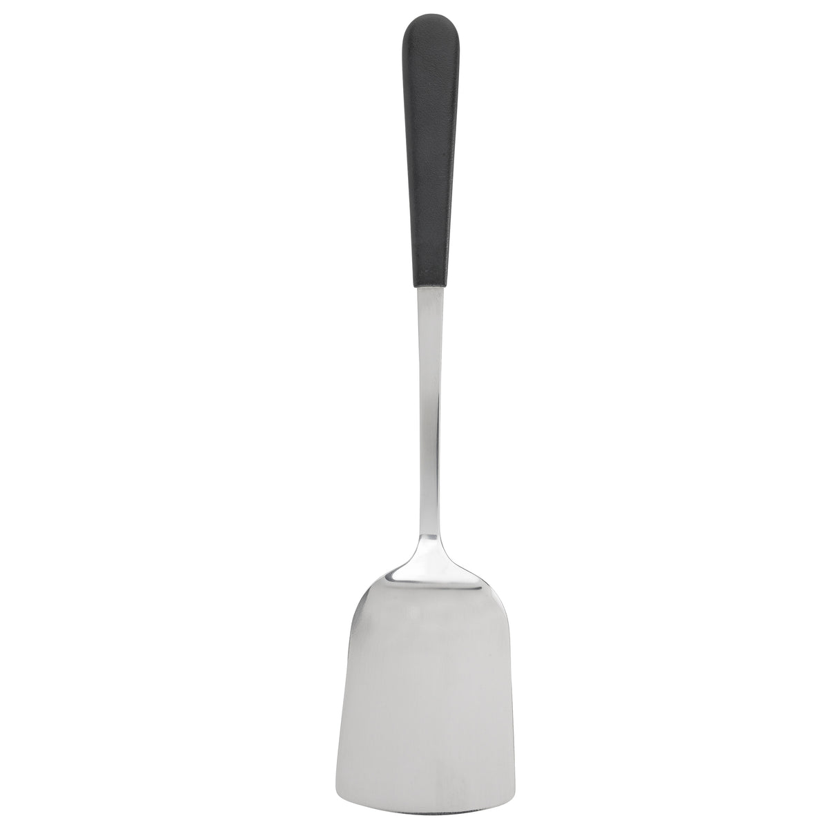 A stainless steel spatula with a wide, flat, rectangular blade and a long, ergonomic black handle. The shiny silver blade is ideal for flipping or serving food. This dishwasher safe utensil is shown upright against a white background.