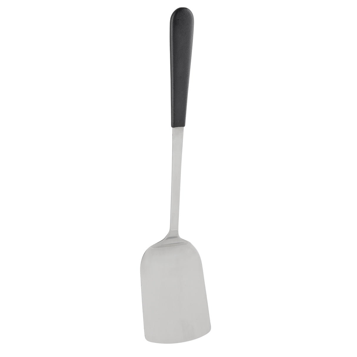 A stainless steel antimicrobial turner with a wide, flat, slightly curved blade and a black, ergonomic handle is shown against a plain white background. This dishwasher safe utensil combines durability with easy cleaning.