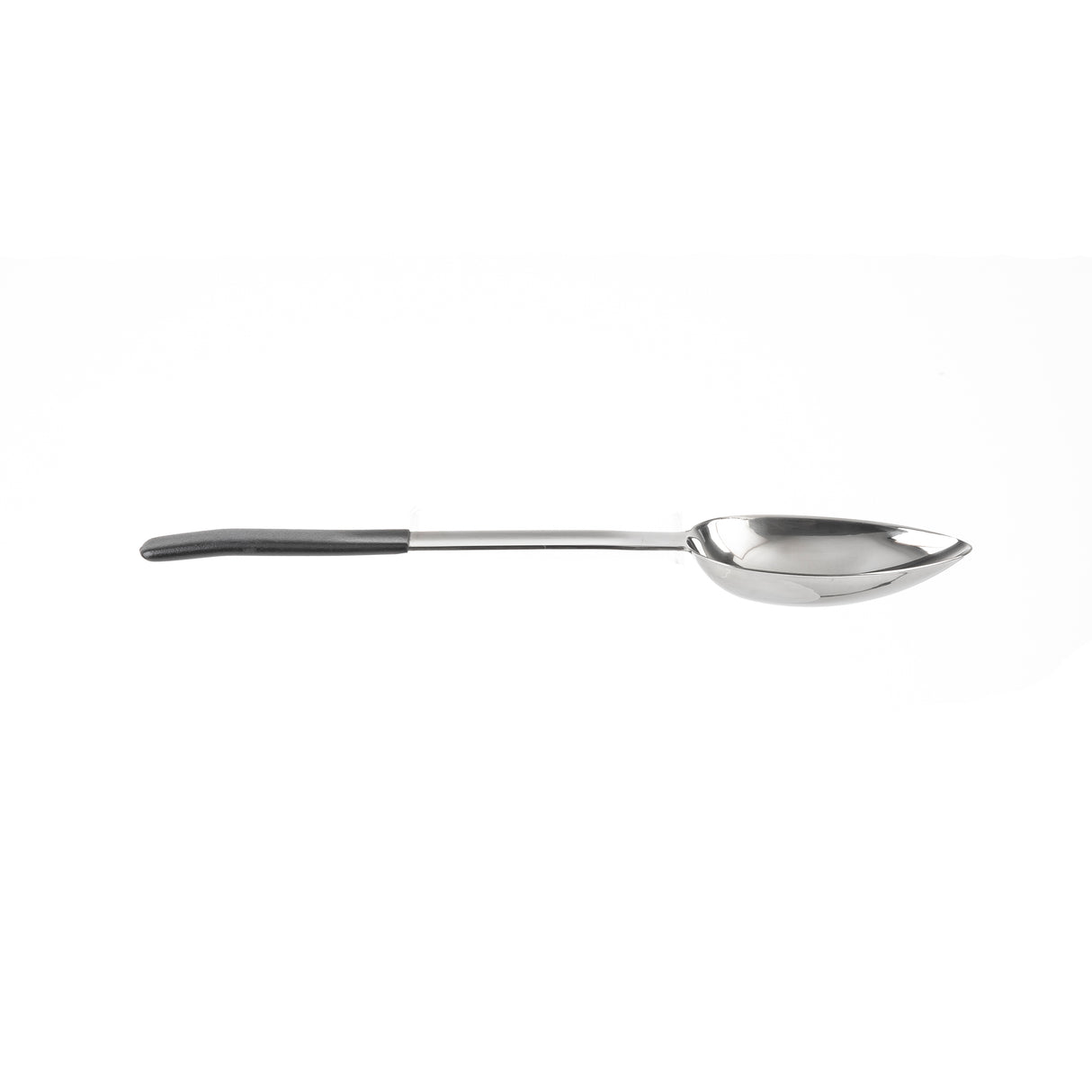 A large stainless steel antimicrobial serving spoon with a deep, oval-shaped bowl and a long handle. The mostly metallic handle features a black, non-slip grip. Dishwasher safe and isolated on a plain white background.