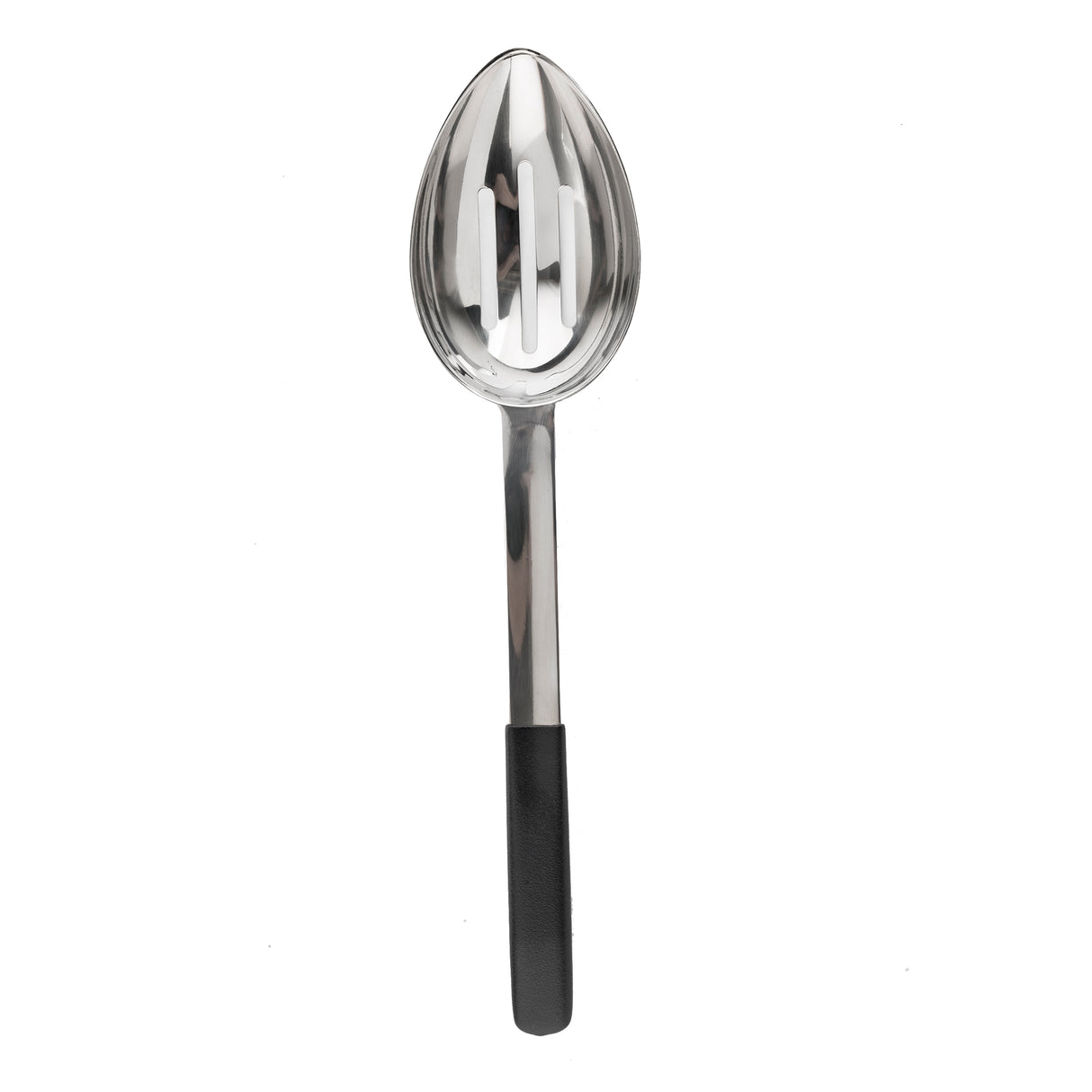 A stainless steel slotted serving spoon with an oval-shaped bowl and two elongated slots. The handle is metallic with a black, non-slip grip at the end. The spoon is photographed on a plain white background.