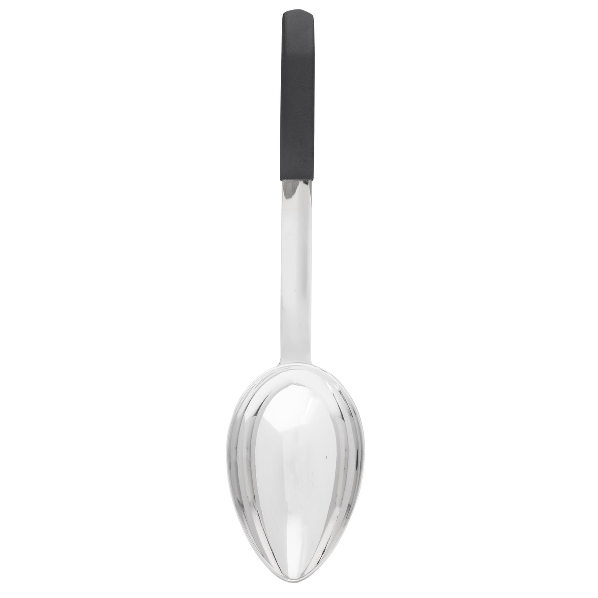 A stainless steel serving spoon with a polished, reflective bowl and a long handle featuring a black, rectangular grip at the end. This antimicrobial serving spoon is shown vertically against a white background.