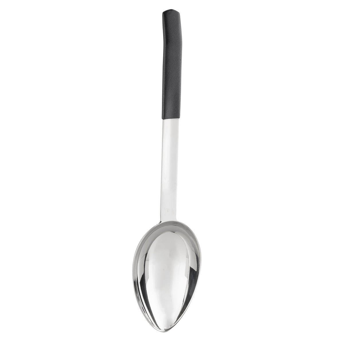 A large stainless steel serving spoon with a deep, oval-shaped bowl and a long handle. The silver handle features a black, textured grip at the top. Dishwasher safe and isolated on a white background.