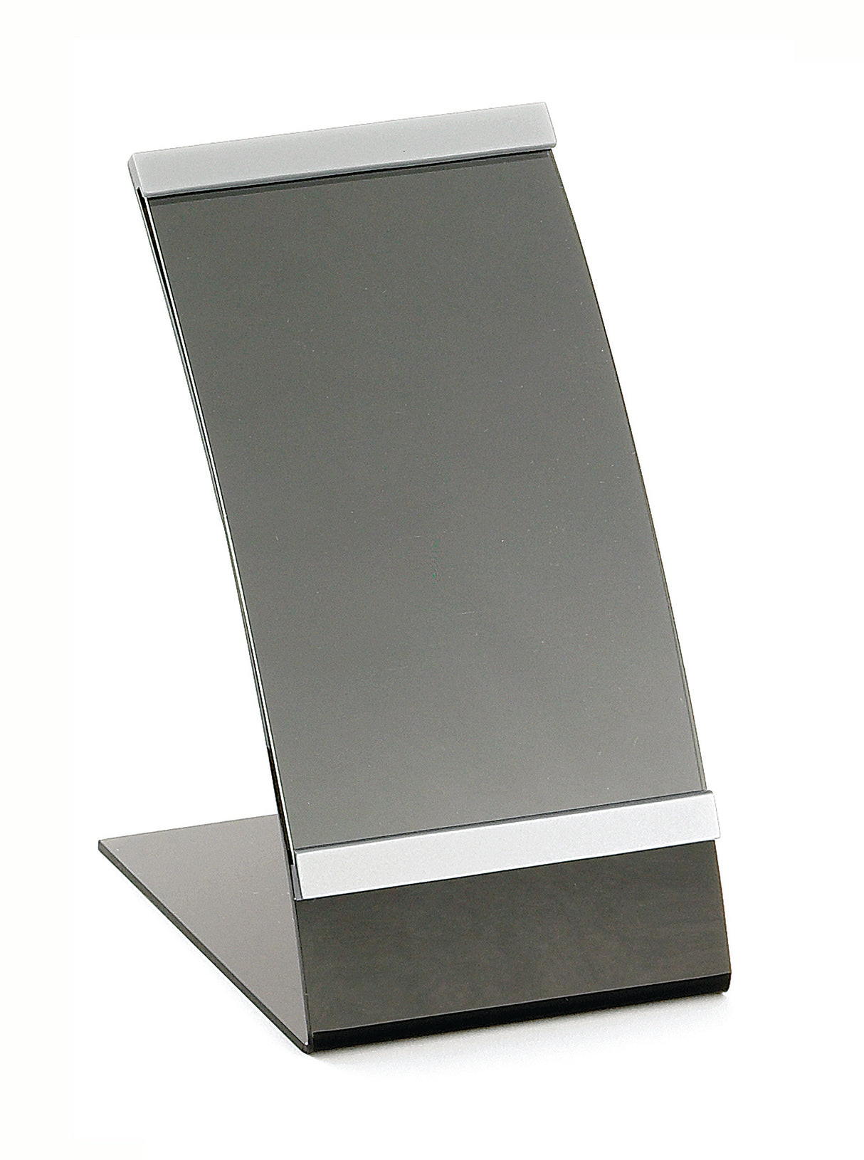 A modern, freestanding acrylic menu holder with a black base and silver edges, designed to display paper or signage on desks or countertops. The sleek, minimalist design features a reflective front surface.