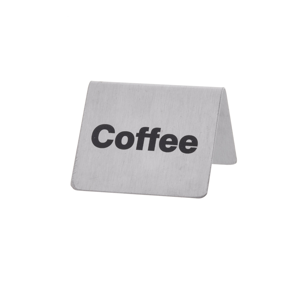 A stainless steel coffee sign in a brushed metal buffet tent style displays the word Coffee in bold black letters, standing on a white background.