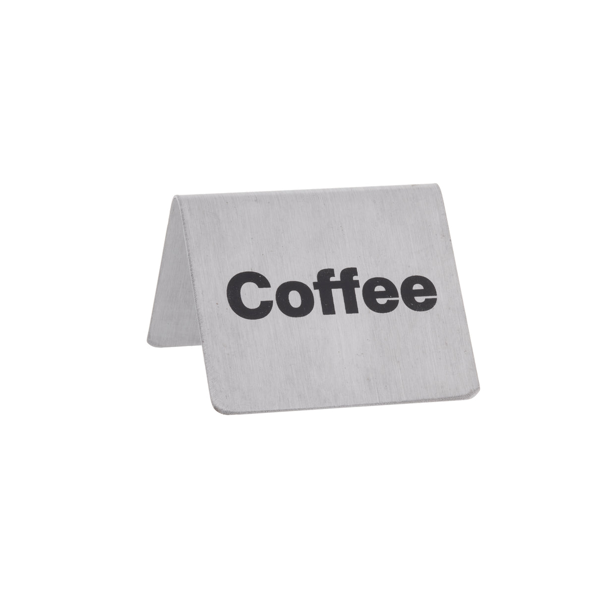A small, stainless steel buffet tent stands upright. The word “Coffee” is printed in bold, black letters across the front of the coffee sign. The simple metal design contrasts against the plain white background, offering a clean and functional look.